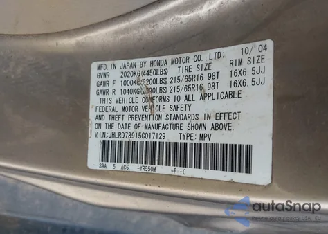 2005 Honda Cr-V Se из США, поврежденный, VIN JHLRD78915C017129